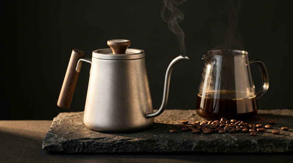 Brushed titanium gooseneck coffee kettle studio photography