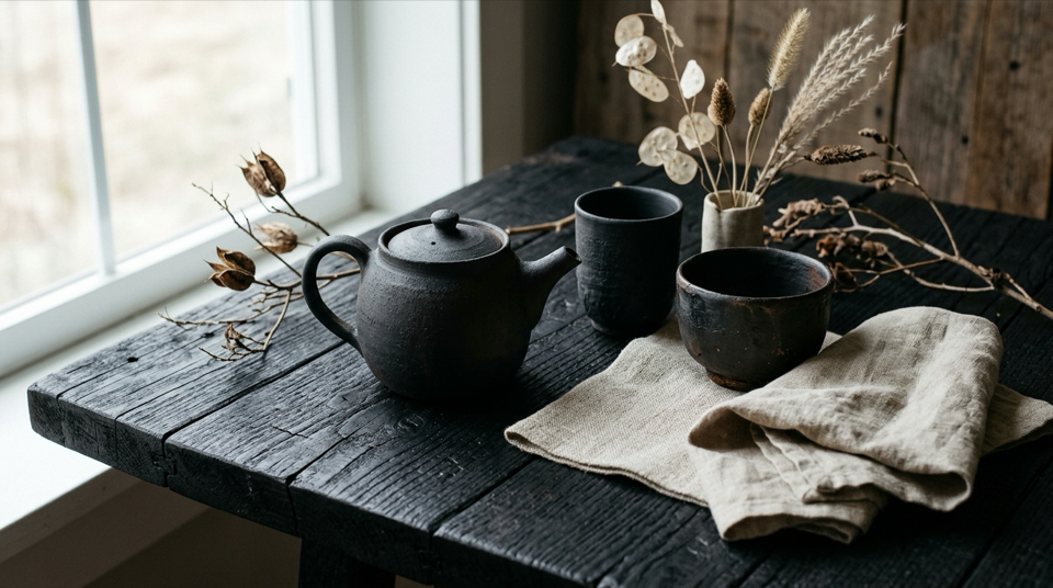 Handcrafted black ceramic tea vessels and linen swatches