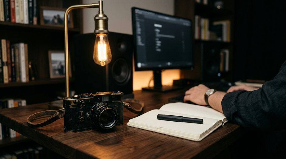 Independent writer walnut desk with Leica camera
